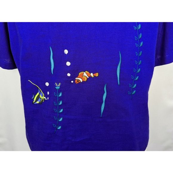 GONE Vintage 90s Top Dark Blue Fish Embroidered Short Sleeve Blouse Women's 20W - Picture 8 of 11